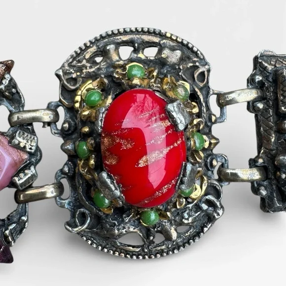 SELRO SELINI Vintage Multicolor Glass Cabochon Panel Bracelet and Earrings Set. - Picture 8 of 16